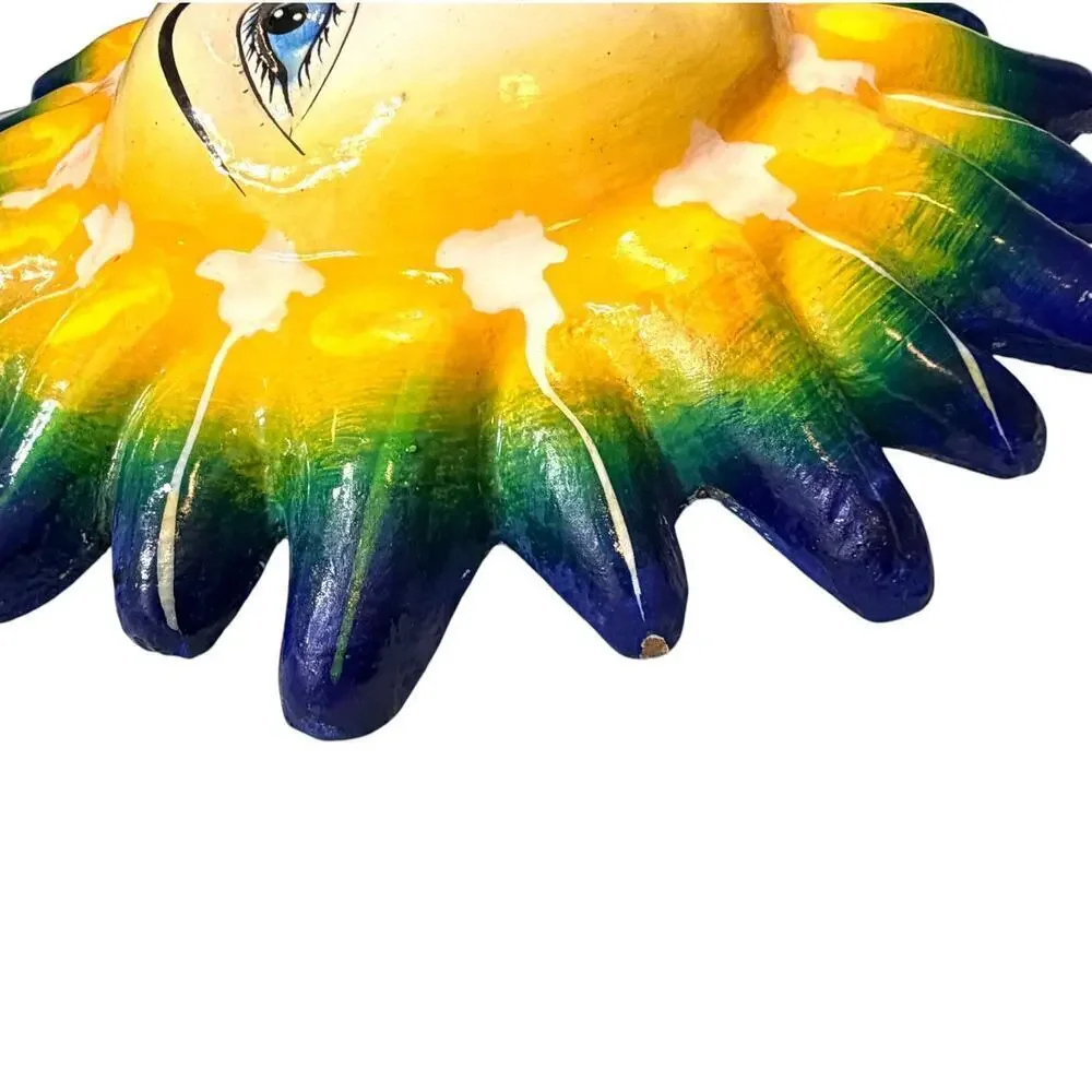 Hand Painted Ceramic Sun Face Wall Hanging Mexican Folk Art Talavera Style
